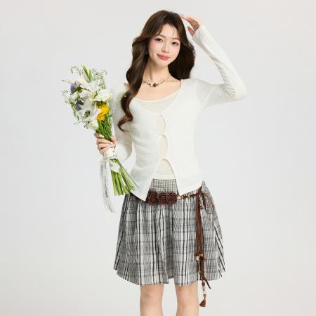 FA55745# 低圆领波点扭结长袖T恤女打底衫内搭春季修身假两件上衣 服裝批發女裝批發服飾貨源