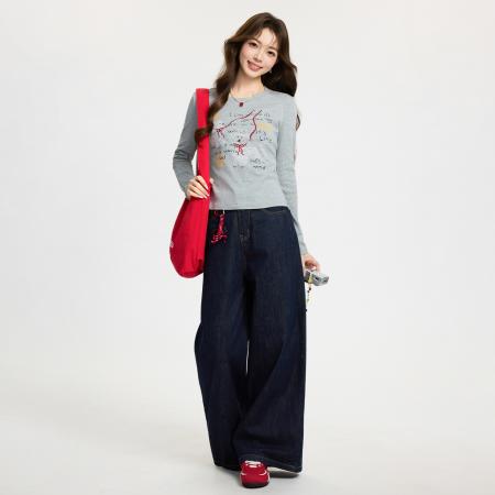 FA55746# 圆领正肩卡通印花长袖T恤女春季新款打底衫修身内搭上衣 服裝批發女裝批發服飾貨源