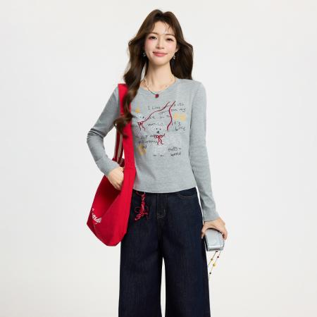 FA55746# 圆领正肩卡通印花长袖T恤女春季新款打底衫修身内搭上衣 服裝批發女裝批發服飾貨源