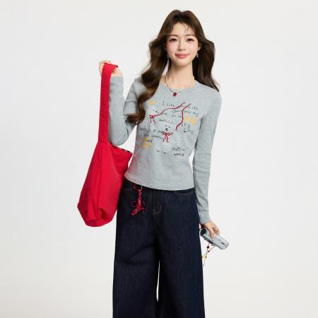 FA55746# 圆领正肩卡通印花长袖T恤女春季新款打底衫修身内搭上衣 服裝批發女裝批發服飾貨源