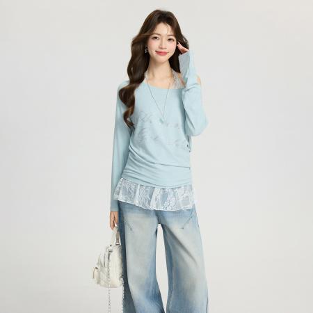 FA55747# 烫钻一字领斜角露肩宽松显瘦内搭打底衫T恤春长袖上衣女 服裝批發女裝批發服飾貨源