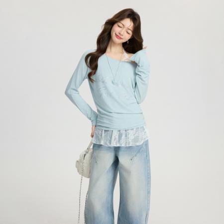 FA55747# 烫钻一字领斜角露肩宽松显瘦内搭打底衫T恤春长袖上衣女 服裝批發女裝批發服飾貨源