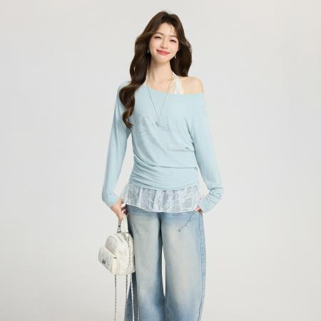 FA55747# 烫钻一字领斜角露肩宽松显瘦内搭打底衫T恤春长袖上衣女 服裝批發女裝批發服飾貨源