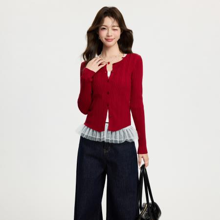 FA55748# 设计感红色纽扣长袖针织开衫女春新款春显瘦修身毛衣外套 服裝批發女裝批發服飾貨源