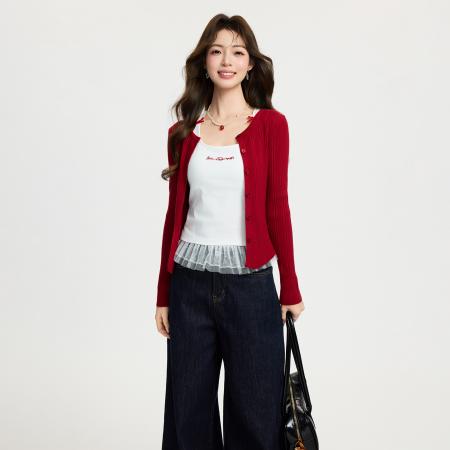 FA55748# 设计感红色纽扣长袖针织开衫女春新款春显瘦修身毛衣外套 服裝批發女裝批發服飾貨源