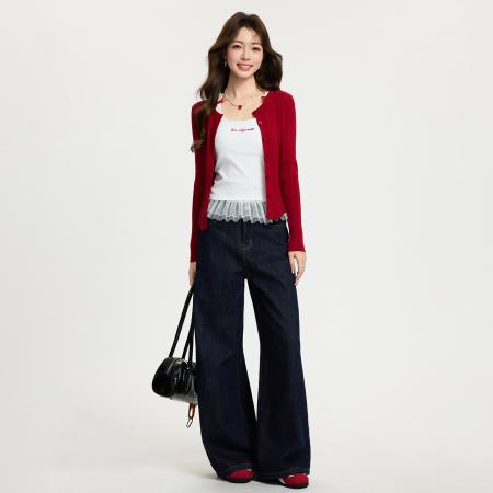 FA55748# 设计感红色纽扣长袖针织开衫女春新款春显瘦修身毛衣外套 服裝批發女裝批發服飾貨源