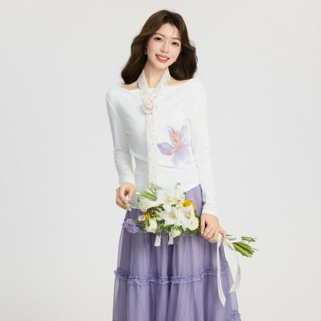 FA55749# 韩系一字肩印花长袖女春季设计感不规则下摆露肩T恤上衣 服裝批發女裝批發服飾貨源