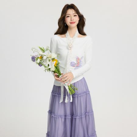 FA55749# 韩系一字肩印花长袖女春季设计感不规则下摆露肩T恤上衣 服裝批發女裝批發服飾貨源