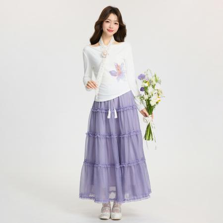 FA55749# 韩系一字肩印花长袖女春季设计感不规则下摆露肩T恤上衣 服裝批發女裝批發服飾貨源