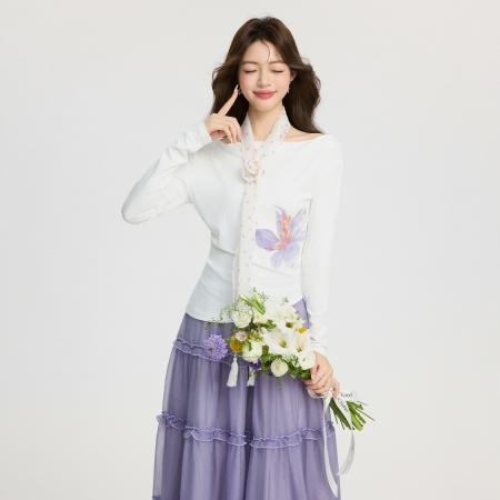 FA55749# 韩系一字肩印花长袖女春季设计感不规则下摆露肩T恤上衣 服裝批發女裝批發服飾貨源