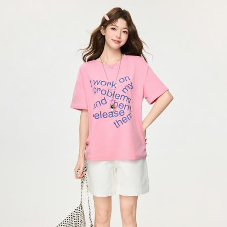 FA55750# 美式经典百搭字母印花T恤春季新款女宽松打底衫短袖上衣 服裝批發女裝批發服飾貨源
