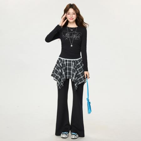 FA55751# 韩系蕾丝花边下摆长袖打底衫女烫钻假两件T恤春内搭上衣 服裝批發女裝批發服飾貨源