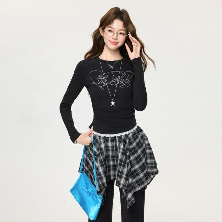 FA55751# 韩系蕾丝花边下摆长袖打底衫女烫钻假两件T恤春内搭上衣 服裝批發女裝批發服飾貨源