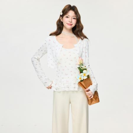 FA55752# 韩系小众碎花上衣长袖t恤春季新款修身短款开衫外套 服裝批發女裝批發服飾貨源