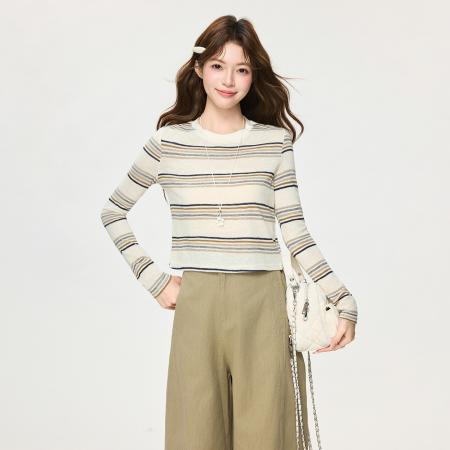 FA55753# 韩系撞色条纹正肩内搭长袖T恤女春打底衫高级感上衣 服裝批發女裝批發服飾貨源