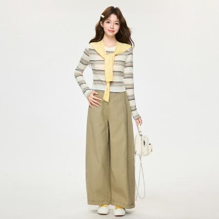 FA55753# 韩系撞色条纹正肩内搭长袖T恤女春打底衫高级感上衣 服裝批發女裝批發服飾貨源