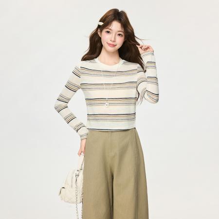 FA55753# 韩系撞色条纹正肩内搭长袖T恤女春打底衫高级感上衣 服裝批發女裝批發服飾貨源