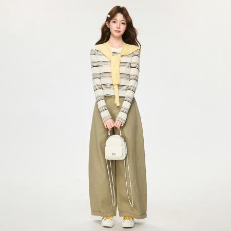 FA55753# 韩系撞色条纹正肩内搭长袖T恤女春打底衫高级感上衣 服裝批發女裝批發服飾貨源