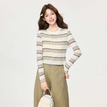 FA55753# 韩系撞色条纹正肩内搭长袖T恤女春打底衫高级感上衣 服裝批發女裝批發服飾貨源
