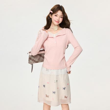 FA55754# 粉色蕾丝假两件设计感内搭T恤女春季褶皱收腰打底衫上衣 服裝批發女裝批發服飾貨源