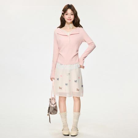 FA55754# 粉色蕾丝假两件设计感内搭T恤女春季褶皱收腰打底衫上衣 服裝批發女裝批發服飾貨源