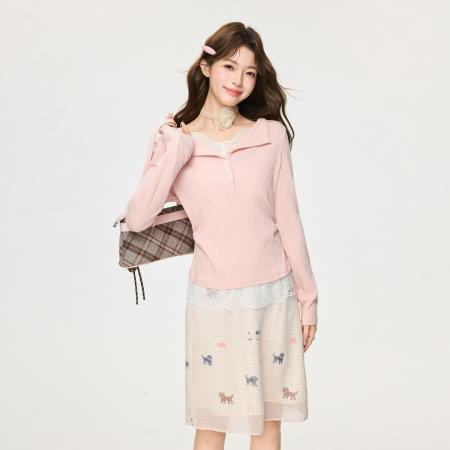 FA55754# 粉色蕾丝假两件设计感内搭T恤女春季褶皱收腰打底衫上衣 服裝批發女裝批發服飾貨源