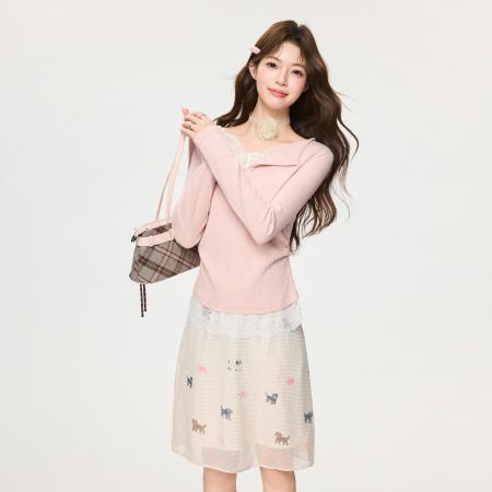 FA55754# 粉色蕾丝假两件设计感内搭T恤女春季褶皱收腰打底衫上衣 服裝批發女裝批發服飾貨源
