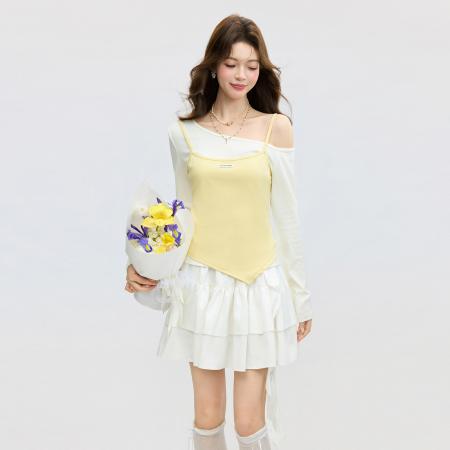 FA55755# 斜肩露肩假两件长袖T恤叠穿吊带女春修身内搭打底衫上衣 服裝批發女裝批發服飾貨源