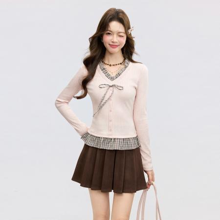 FA55756# 粉色软糯V领假两件格子针织衫女春修身韩系穿搭休闲上衣 服裝批發女裝批發服飾貨源