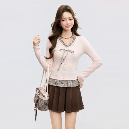 FA55756# 粉色软糯V领假两件格子针织衫女春修身韩系穿搭休闲上衣 服裝批發女裝批發服飾貨源