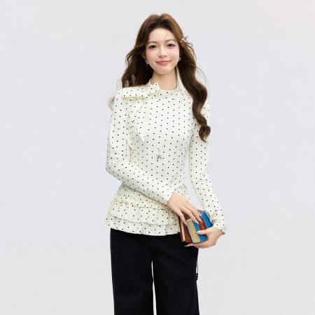 FA55757# 白色波点韩系蝴蝶结花边长袖T恤女春修身显瘦打底衫上衣 服裝批發女裝批發服飾貨源