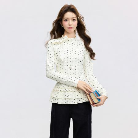 FA55757# 白色波点韩系蝴蝶结花边长袖T恤女春修身显瘦打底衫上衣 服裝批發女裝批發服飾貨源