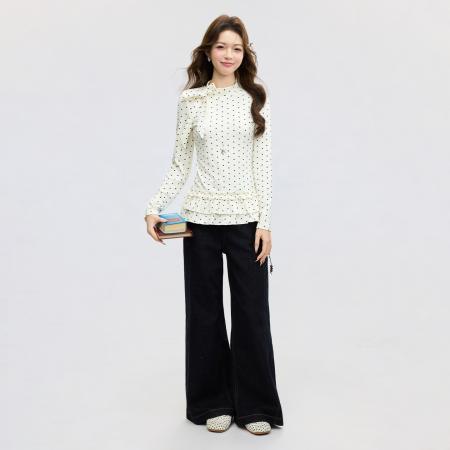 FA55757# 白色波点韩系蝴蝶结花边长袖T恤女春修身显瘦打底衫上衣 服裝批發女裝批發服飾貨源