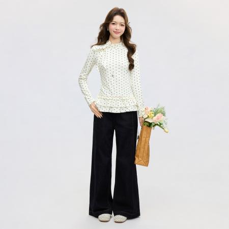 FA55757# 白色波点韩系蝴蝶结花边长袖T恤女春修身显瘦打底衫上衣 服裝批發女裝批發服飾貨源