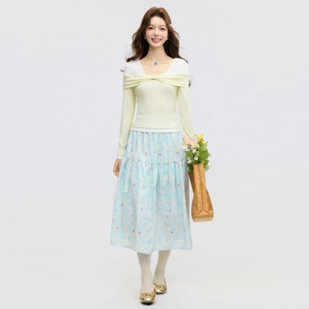 FA55758# 撞色假两件蝴蝶结绑带内搭打底衫T恤春季长袖修身上衣女 服裝批發女裝批發服飾貨源