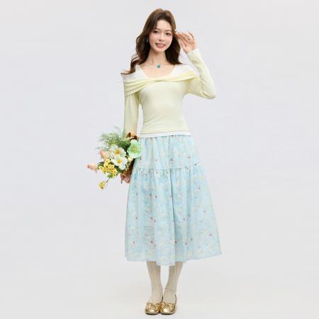 FA55758# 撞色假两件蝴蝶结绑带内搭打底衫T恤春季长袖修身上衣女 服裝批發女裝批發服飾貨源