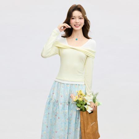 FA55758# 撞色假两件蝴蝶结绑带内搭打底衫T恤春季长袖修身上衣女 服裝批發女裝批發服飾貨源