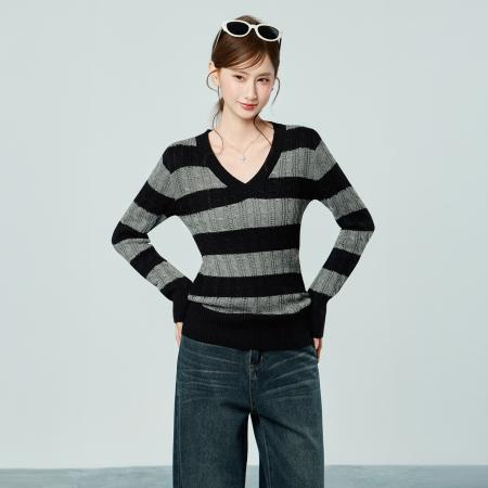 FA55759# 美式V领麻花条纹慵懒感毛衣针织衫女秋冬新款内搭打底衫 服裝批發女裝批發服飾貨源