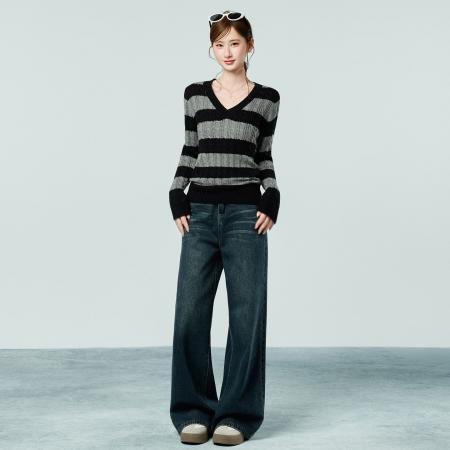 FA55759# 美式V领麻花条纹慵懒感毛衣针织衫女秋冬新款内搭打底衫 服裝批發女裝批發服飾貨源