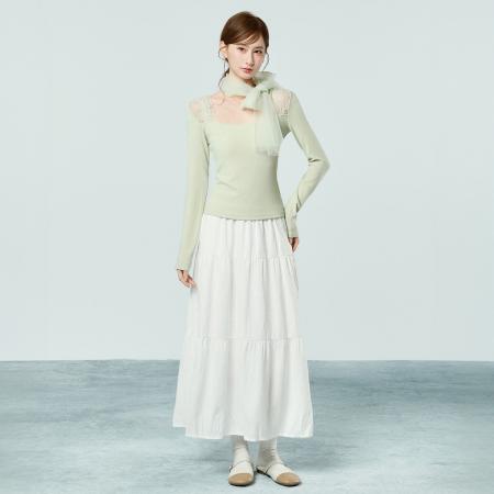 FA55760# 韩式网纱珍珠方领长袖T恤春季显瘦气质内搭打底衫上衣女 服裝批發女裝批發服飾貨源