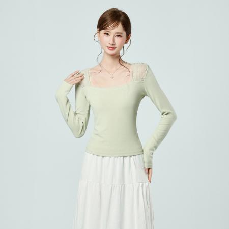 FA55760# 韩式网纱珍珠方领长袖T恤春季显瘦气质内搭打底衫上衣女 服裝批發女裝批發服飾貨源