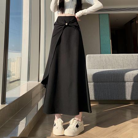 FA55764# 设计感不对称中长裙女高腰显瘦A字裙不规则鱼尾裙荷叶边摆裙 服裝批發女裝批發服飾貨源