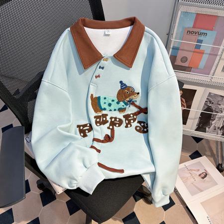 FA55765# 薄款卫衣女装设计感潮新款春秋季刺绣花宽松撞色POLO上衣 服裝批發女裝批發服飾貨源