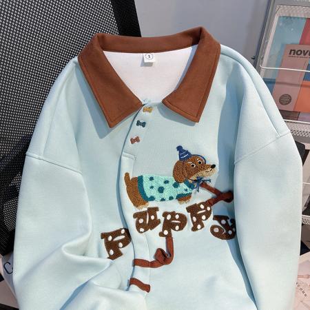 FA55765# 薄款卫衣女装设计感潮新款春秋季刺绣花宽松撞色POLO上衣 服裝批發女裝批發服飾貨源