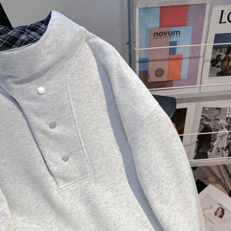 FA55766# 薄款卫衣男女情侣装春秋潮新款宽松纽扣格子高领韩版上衣 服裝批發女裝批發服飾貨源