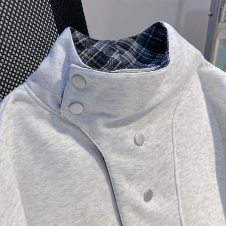 FA55766# 薄款卫衣男女情侣装春秋潮新款宽松纽扣格子高领韩版上衣 服裝批發女裝批發服飾貨源