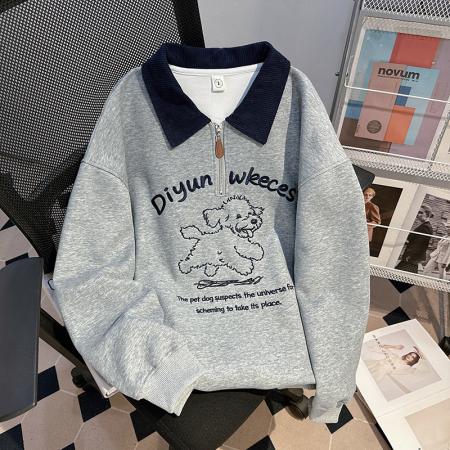 FA55767# 薄款卫衣女装设计感新款拉链春秋刺绣宽松撞色POLO领上衣 服裝批發女裝批發服飾貨源