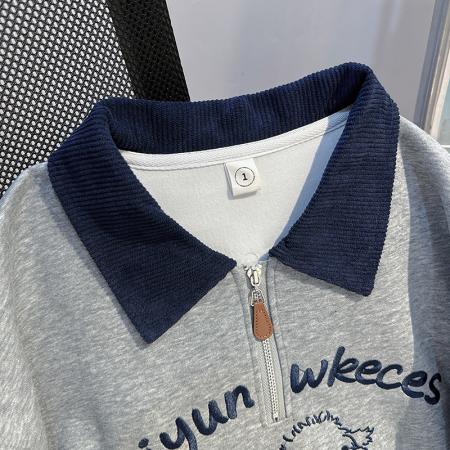 FA55767# 薄款卫衣女装设计感新款拉链春秋刺绣宽松撞色POLO领上衣 服裝批發女裝批發服飾貨源