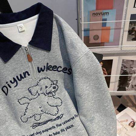 FA55767# 薄款卫衣女装设计感新款拉链春秋刺绣宽松撞色POLO领上衣 服裝批發女裝批發服飾貨源