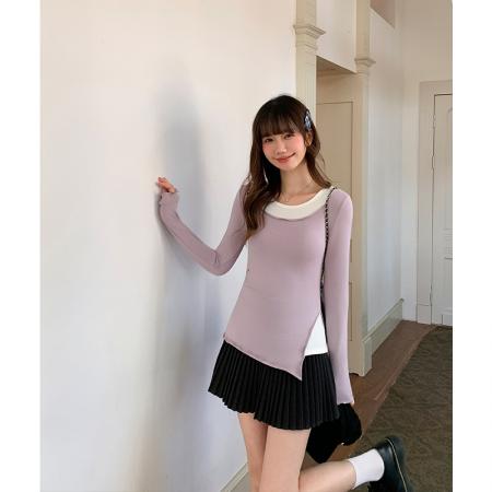 FA55768# 圆领不规则撞色假两件内搭底内里磨毛冬季收腰开叉掐腰 服裝批發女裝批發服飾貨源